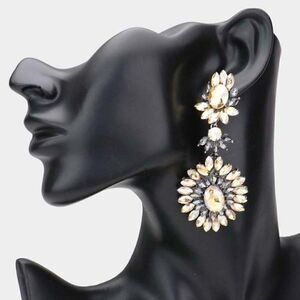 Floral Marquise Black Diamond, Lt Col Topaz Stone Cluster Evening Earrings